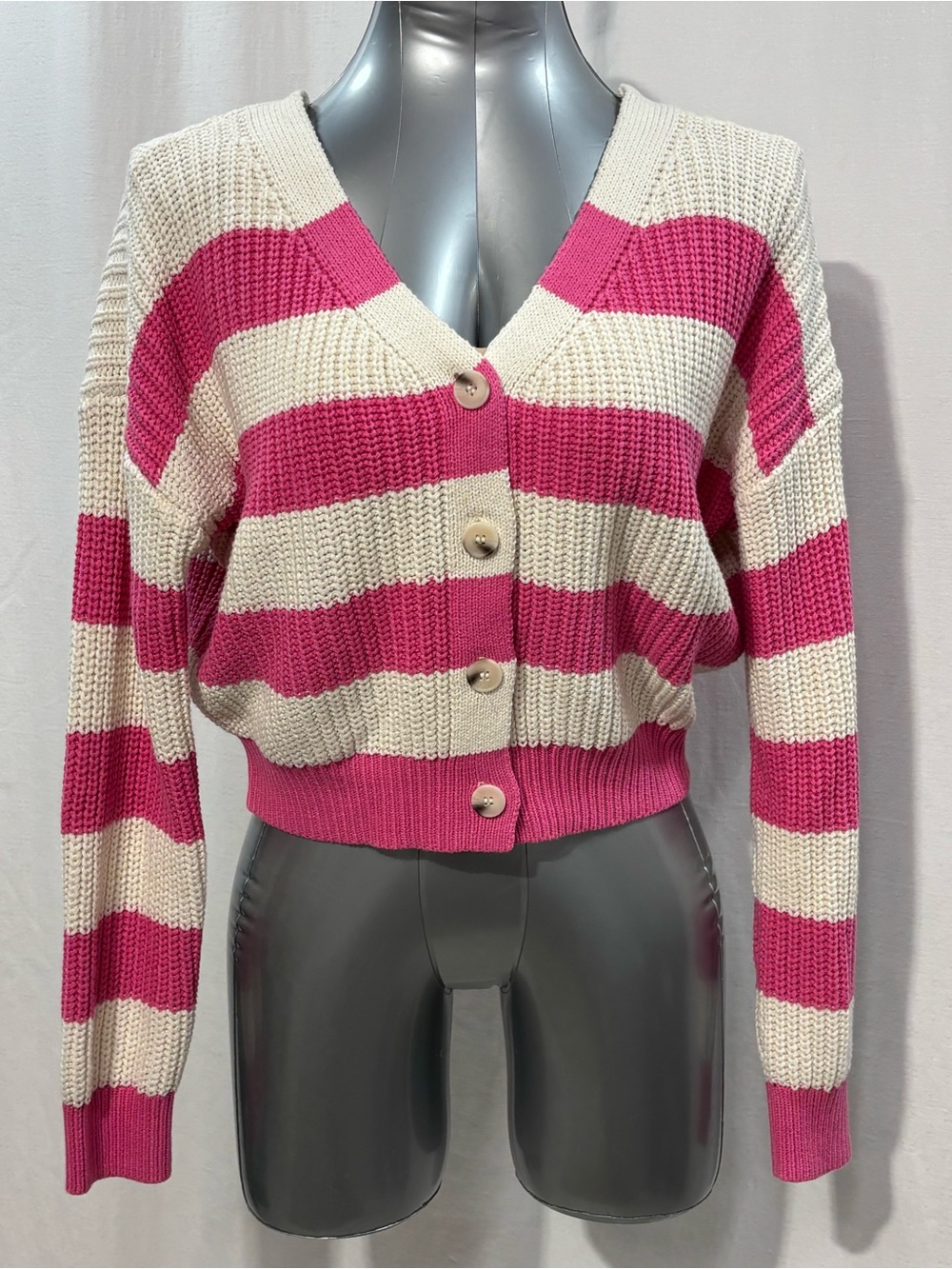 Jessica Simpson Hot Pink & Cream Ribbed Striped Cropped Button Cardigan Med 498